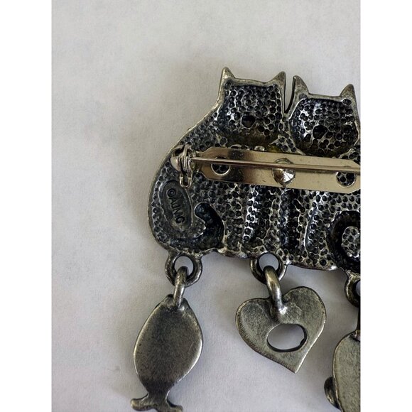 Vintage 70's Pewter Cartoon Cats Kitties Brooch With Dangles Mouse Heart Fish - Picture 6 of 6